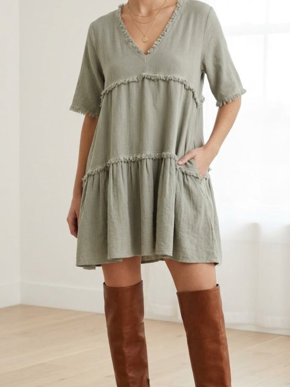 MADE IN ITALY Sage Green Linen Tiered Raw Edge Frayed Mini Dress - One Size